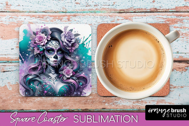 Catrina Coaster - Halloween Square Coaster, Day of the Dead Sublimation OrangeBrushStudio 