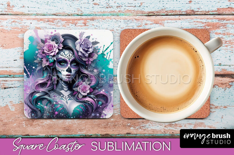 Catrina Coaster - Halloween Square Coaster, Day of the Dead Sublimation OrangeBrushStudio 