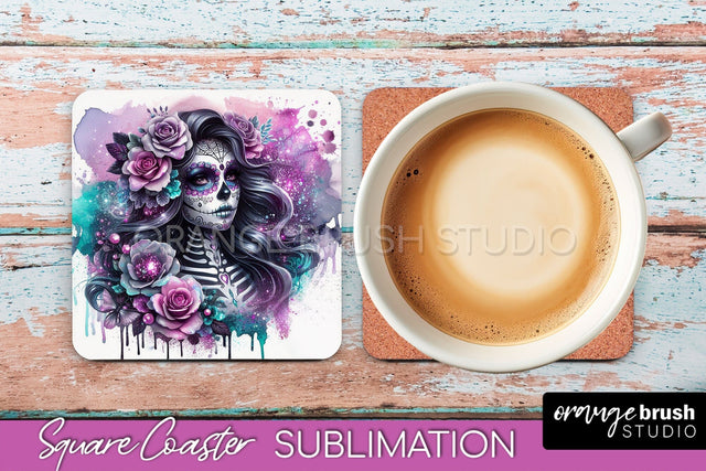 Catrina Coaster - Halloween Square Coaster, Day of the Dead Sublimation OrangeBrushStudio 