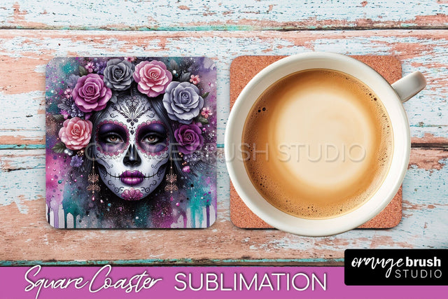 Catrina Coaster - Halloween Square Coaster, Day of the Dead Sublimation OrangeBrushStudio 