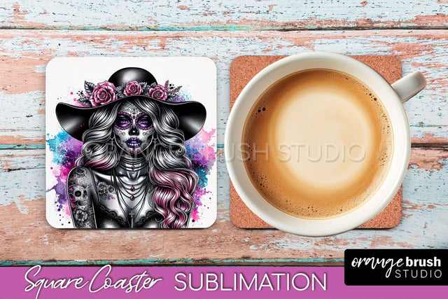 Catrina Coaster - Halloween Square Coaster, Day of the Dead Sublimation OrangeBrushStudio 