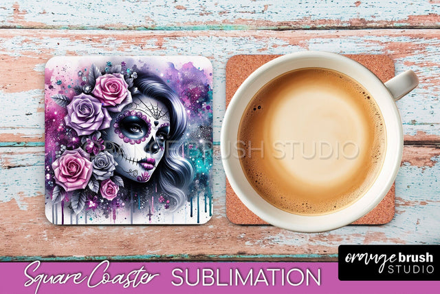 Catrina Coaster - Halloween Square Coaster, Day of the Dead Sublimation OrangeBrushStudio 