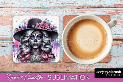 Catrina Coaster - Halloween Square Coaster, Day of the Dead Sublimation OrangeBrushStudio 