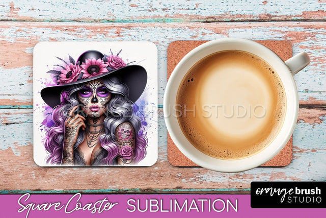 Catrina Coaster - Halloween Square Coaster, Day of the Dead Sublimation OrangeBrushStudio 