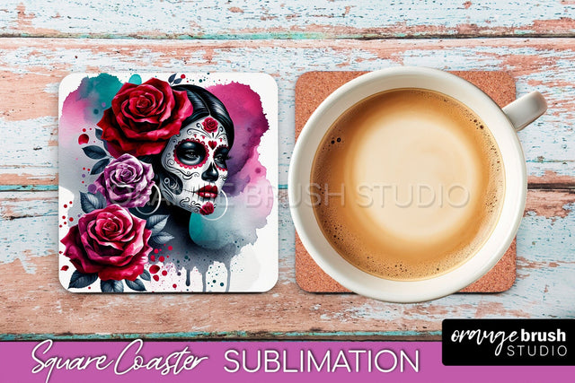 Catrina Coaster - Halloween Square Coaster, Day of the Dead Sublimation OrangeBrushStudio 