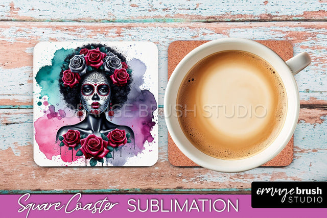 Catrina Coaster - Halloween Square Coaster, Day of the Dead Sublimation OrangeBrushStudio 