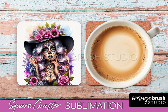 Catrina Coaster - Halloween Square Coaster, Day of the Dead Sublimation OrangeBrushStudio 