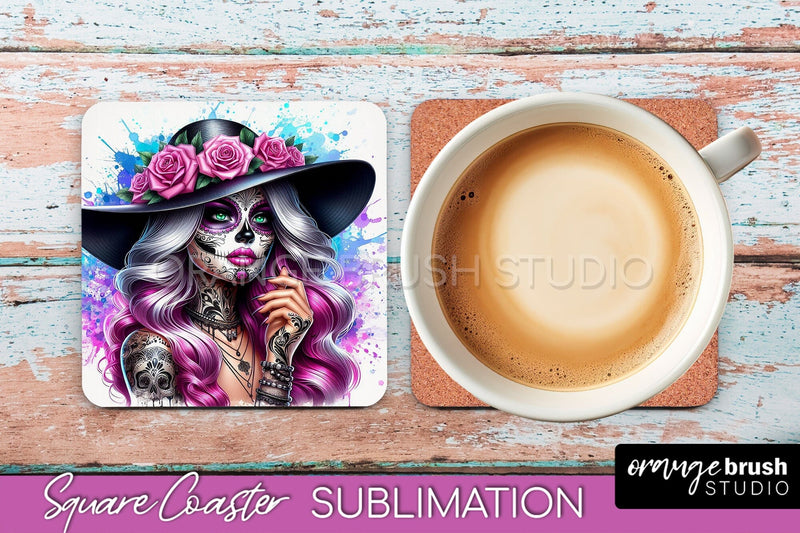 Catrina Coaster - Halloween Square Coaster, Day of the Dead Sublimation OrangeBrushStudio 
