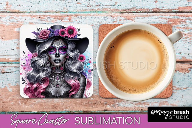 Catrina Coaster - Halloween Square Coaster, Day of the Dead Sublimation OrangeBrushStudio 
