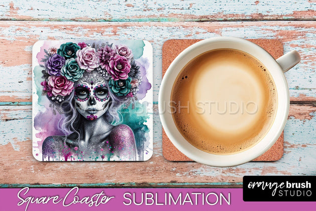 Catrina Coaster - Halloween Square Coaster, Day of the Dead Sublimation OrangeBrushStudio 