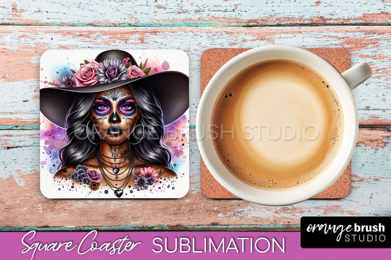 Catrina Coaster - Halloween Square Coaster, Day of the Dead Sublimation OrangeBrushStudio 