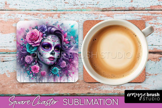 Catrina Coaster - Halloween Square Coaster, Day of the Dead Sublimation OrangeBrushStudio 