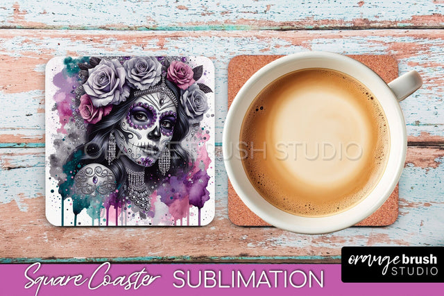 Catrina Coaster - Halloween Square Coaster, Day of the Dead Sublimation OrangeBrushStudio 