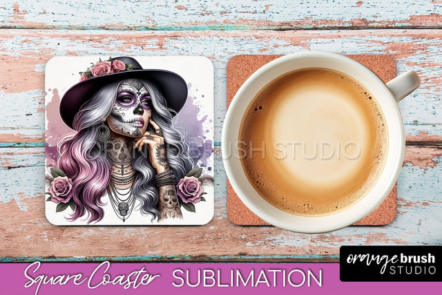 Catrina Coaster - Halloween Square Coaster, Day of the Dead Sublimation OrangeBrushStudio 