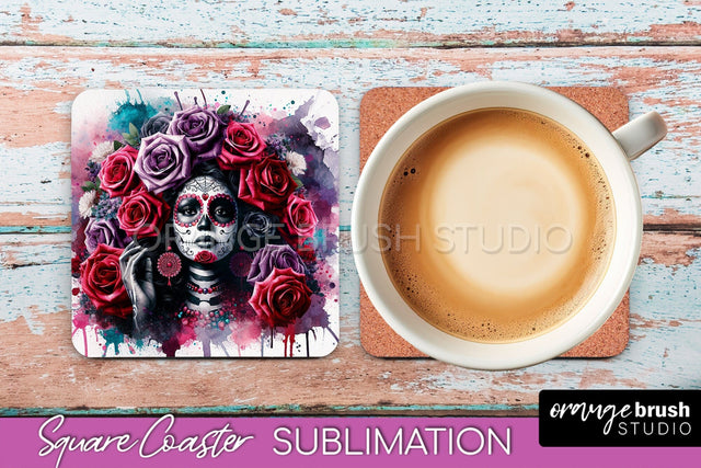 Catrina Coaster - Halloween Square Coaster, Day of the Dead Sublimation OrangeBrushStudio 