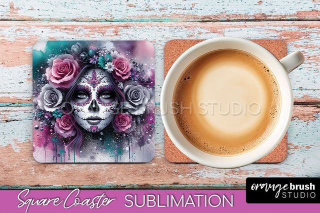 Catrina Coaster - Halloween Square Coaster, Day of the Dead Sublimation OrangeBrushStudio 