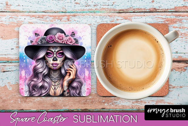 Catrina Coaster - Halloween Square Coaster, Day of the Dead Sublimation OrangeBrushStudio 