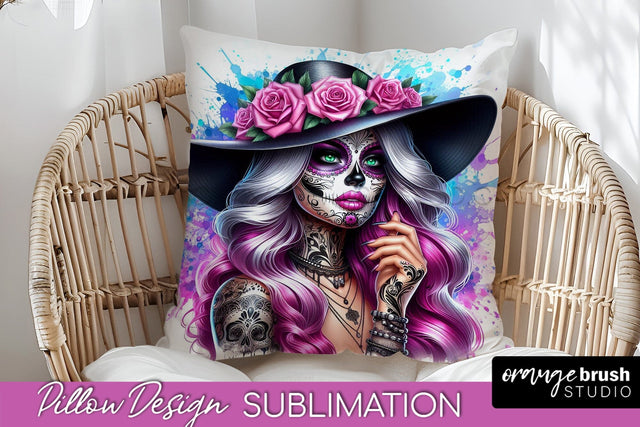 Catrina Pillow Cover - Day of the Dead Pillow Sublimation Sublimation OrangeBrushStudio 