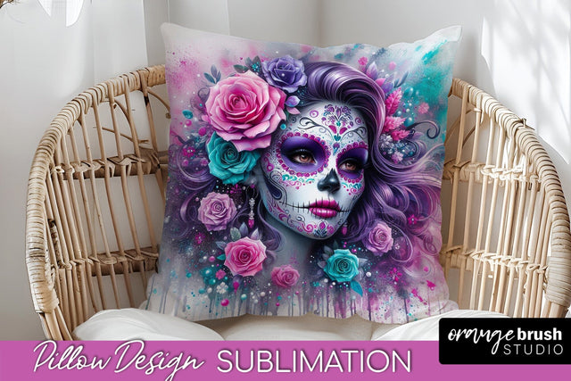 Catrina Pillow Cover - Day of the Dead Pillow Sublimation Sublimation OrangeBrushStudio 