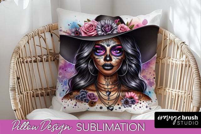 Catrina Pillow Cover - Day of the Dead Pillow Sublimation Sublimation OrangeBrushStudio 