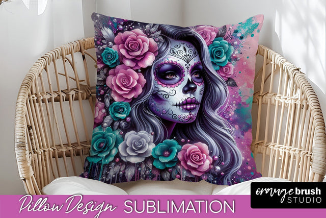 Catrina Pillow Cover - Day of the Dead Pillow Sublimation Sublimation OrangeBrushStudio 
