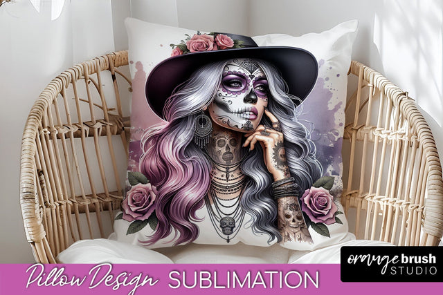 Catrina Pillow Cover - Day of the Dead Pillow Sublimation Sublimation OrangeBrushStudio 