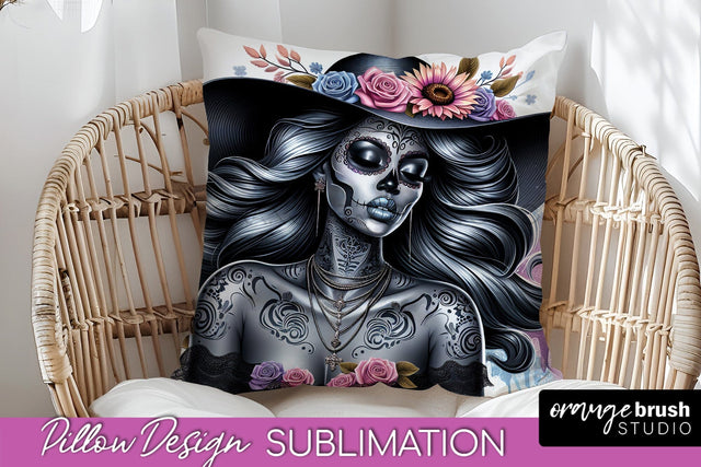 Catrina Pillow Cover - Day of the Dead Pillow Sublimation Sublimation OrangeBrushStudio 