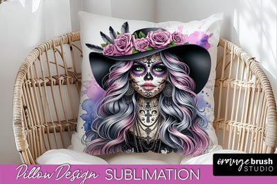Catrina Pillow Cover - Day of the Dead Pillow Sublimation Sublimation OrangeBrushStudio 