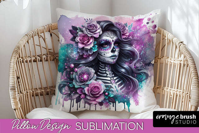 Catrina Pillow Cover - Day of the Dead Pillow Sublimation Sublimation OrangeBrushStudio 