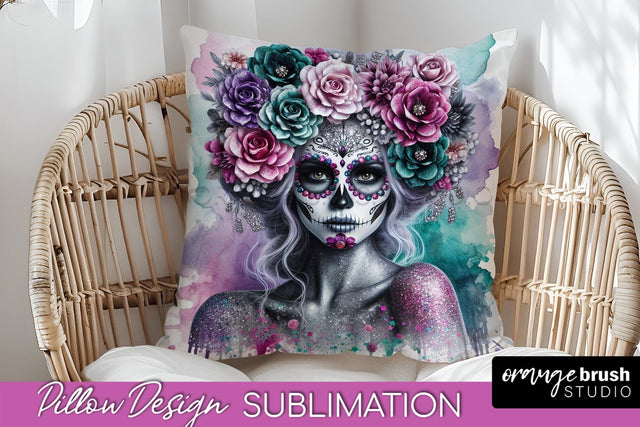 Catrina Pillow Cover - Day of the Dead Pillow Sublimation Sublimation OrangeBrushStudio 