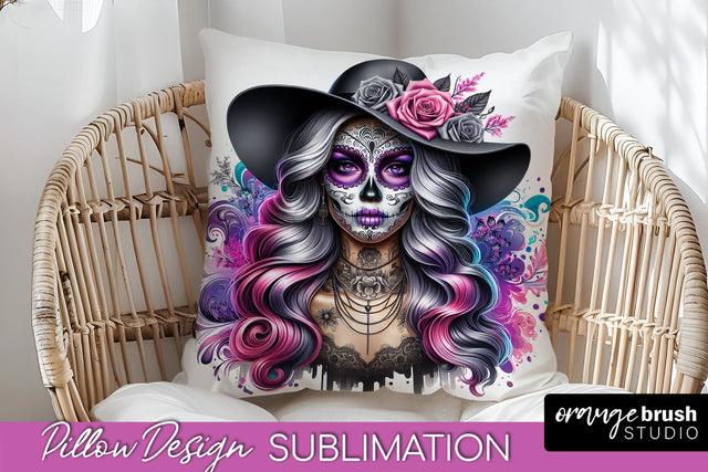 Catrina Pillow Cover - Day of the Dead Pillow Sublimation Sublimation OrangeBrushStudio 