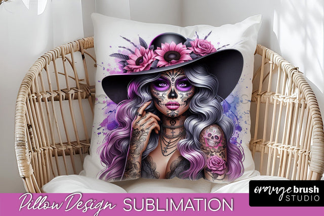 Catrina Pillow Cover - Day of the Dead Pillow Sublimation Sublimation OrangeBrushStudio 