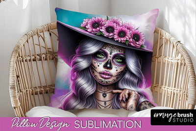 Catrina Pillow Cover - Day of the Dead Pillow Sublimation Sublimation OrangeBrushStudio 