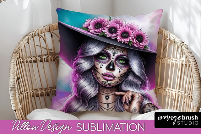 Catrina Pillow Cover - Day of the Dead Pillow Sublimation Sublimation OrangeBrushStudio 