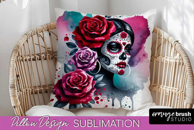 Catrina Pillow Cover - Day of the Dead Pillow Sublimation Sublimation OrangeBrushStudio 