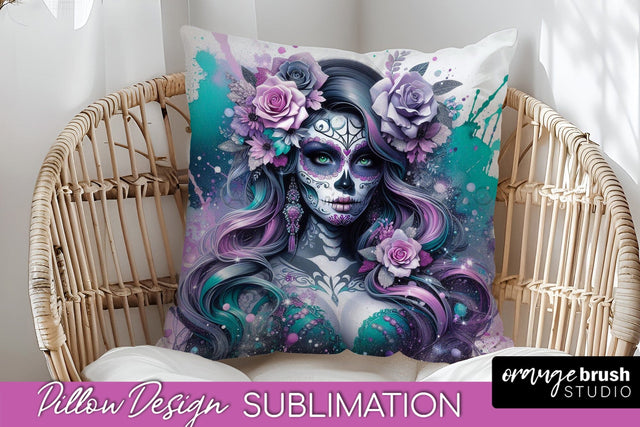 Catrina Pillow Cover - Day of the Dead Pillow Sublimation Sublimation OrangeBrushStudio 