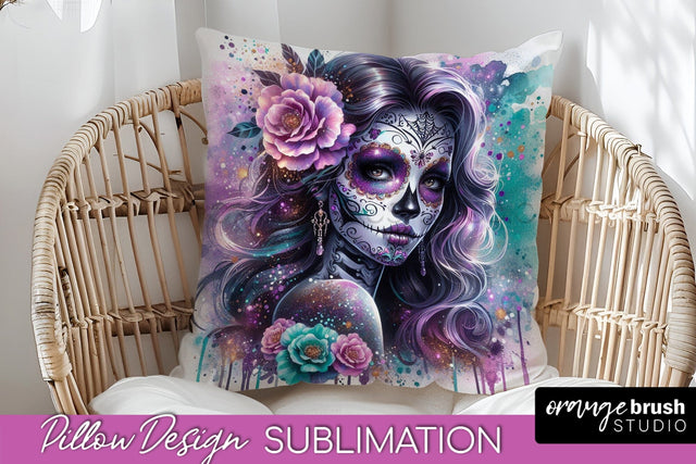 Catrina Pillow Cover - Day of the Dead Pillow Sublimation Sublimation OrangeBrushStudio 