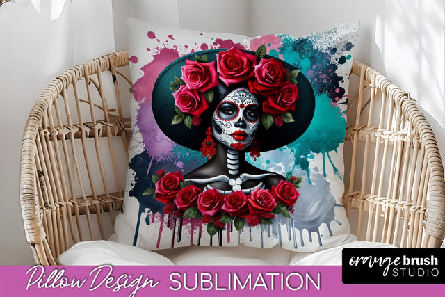 Catrina Pillow Cover - Day of the Dead Pillow Sublimation Sublimation OrangeBrushStudio 