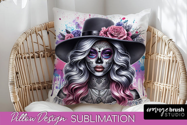 Catrina Pillow Cover - Day of the Dead Pillow Sublimation Sublimation OrangeBrushStudio 