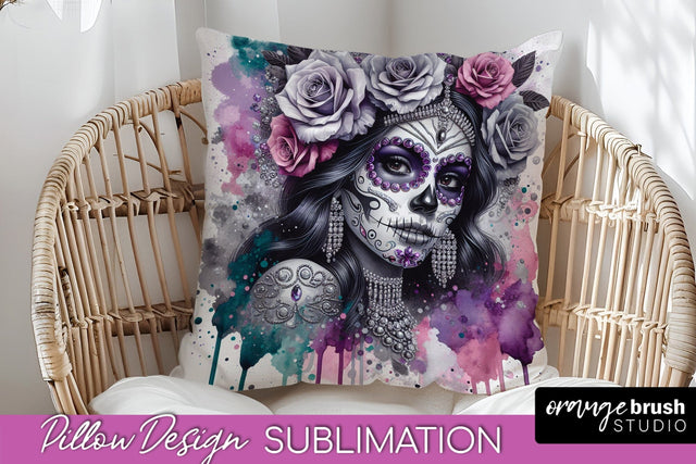 Catrina Pillow Cover - Day of the Dead Pillow Sublimation Sublimation OrangeBrushStudio 