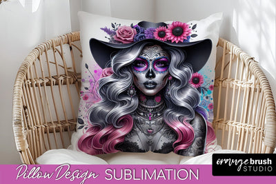 Catrina Pillow Cover - Day of the Dead Pillow Sublimation Sublimation OrangeBrushStudio 