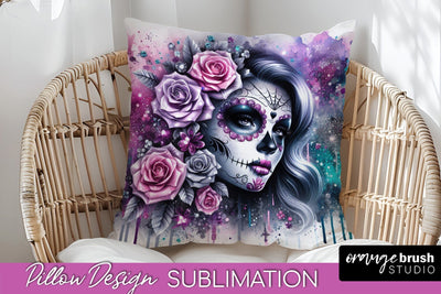Catrina Pillow Cover - Day of the Dead Pillow Sublimation Sublimation OrangeBrushStudio 