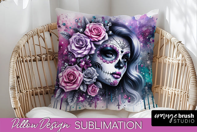 Catrina Pillow Cover - Day of the Dead Pillow Sublimation Sublimation OrangeBrushStudio 