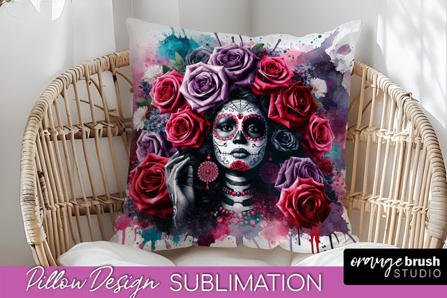 Catrina Pillow Cover - Day of the Dead Pillow Sublimation Sublimation OrangeBrushStudio 
