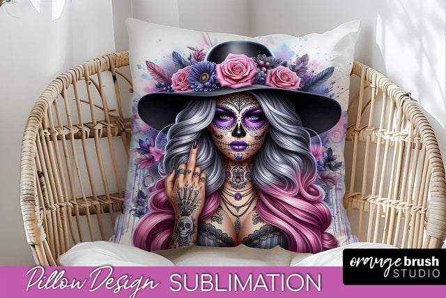 Catrina Pillow Cover - Day of the Dead Pillow Sublimation Sublimation OrangeBrushStudio 