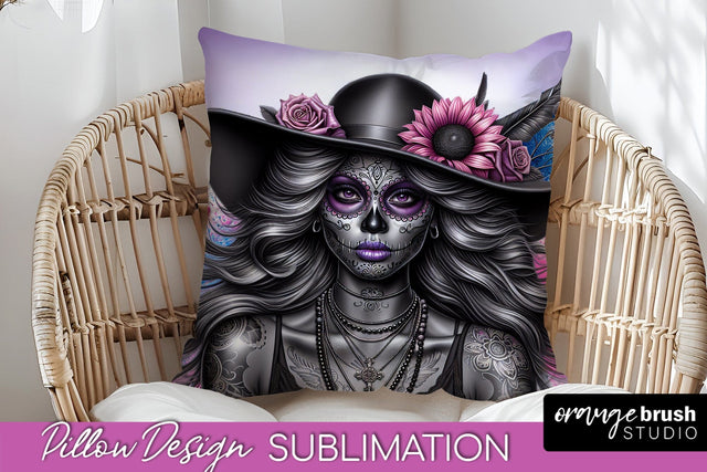 Catrina Pillow Cover - Day of the Dead Pillow Sublimation Sublimation OrangeBrushStudio 