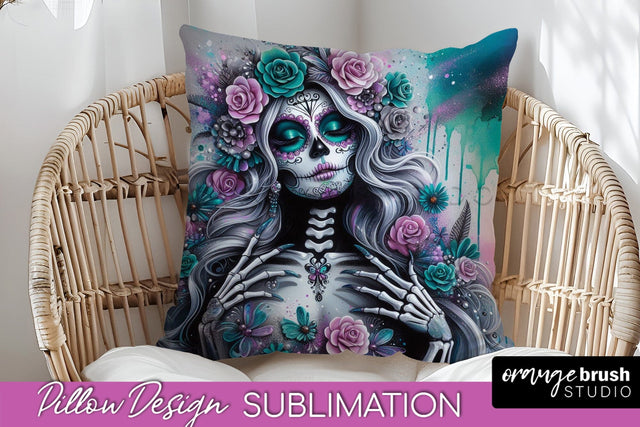 Catrina Pillow Cover - Day of the Dead Pillow Sublimation Sublimation OrangeBrushStudio 