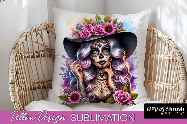 Catrina Pillow Cover - Day of the Dead Pillow Sublimation Sublimation OrangeBrushStudio 