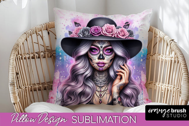 Catrina Pillow Cover - Day of the Dead Pillow Sublimation Sublimation OrangeBrushStudio 