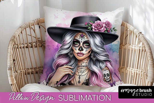 Catrina Pillow Cover - Day of the Dead Pillow Sublimation Sublimation OrangeBrushStudio 